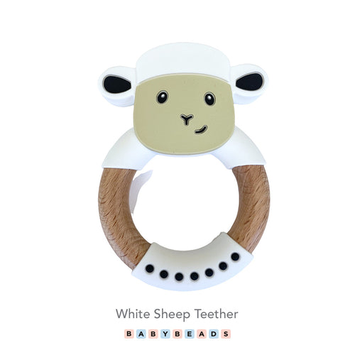 Silicone & Wood Teether - White Sheep.